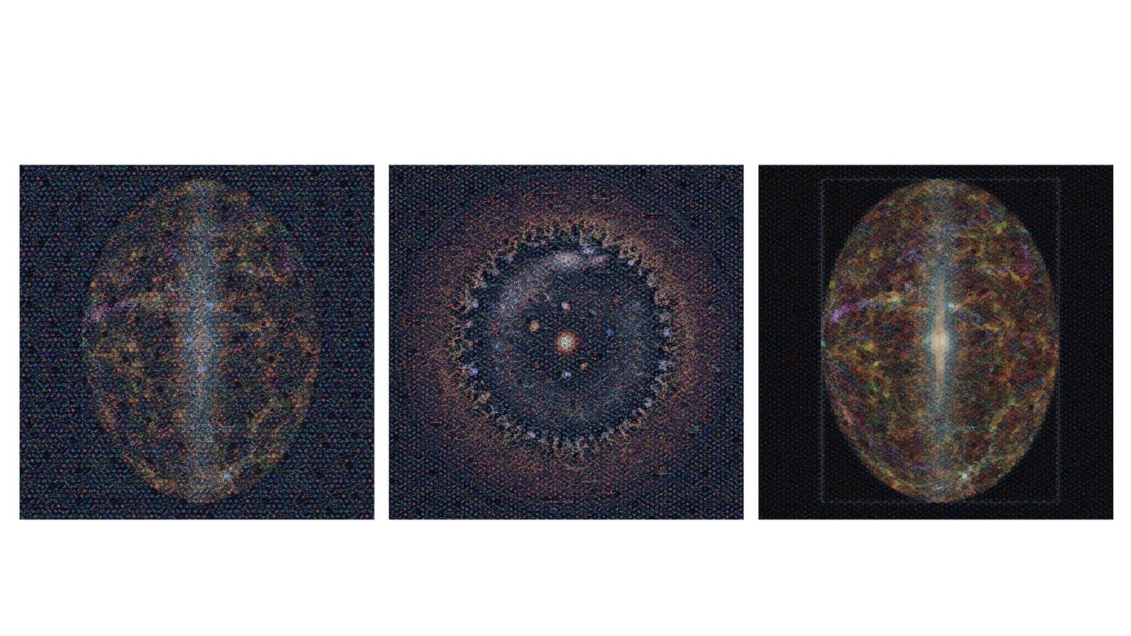 Tríptico Trinidad: tres mosaicos sobre fondo oscuro